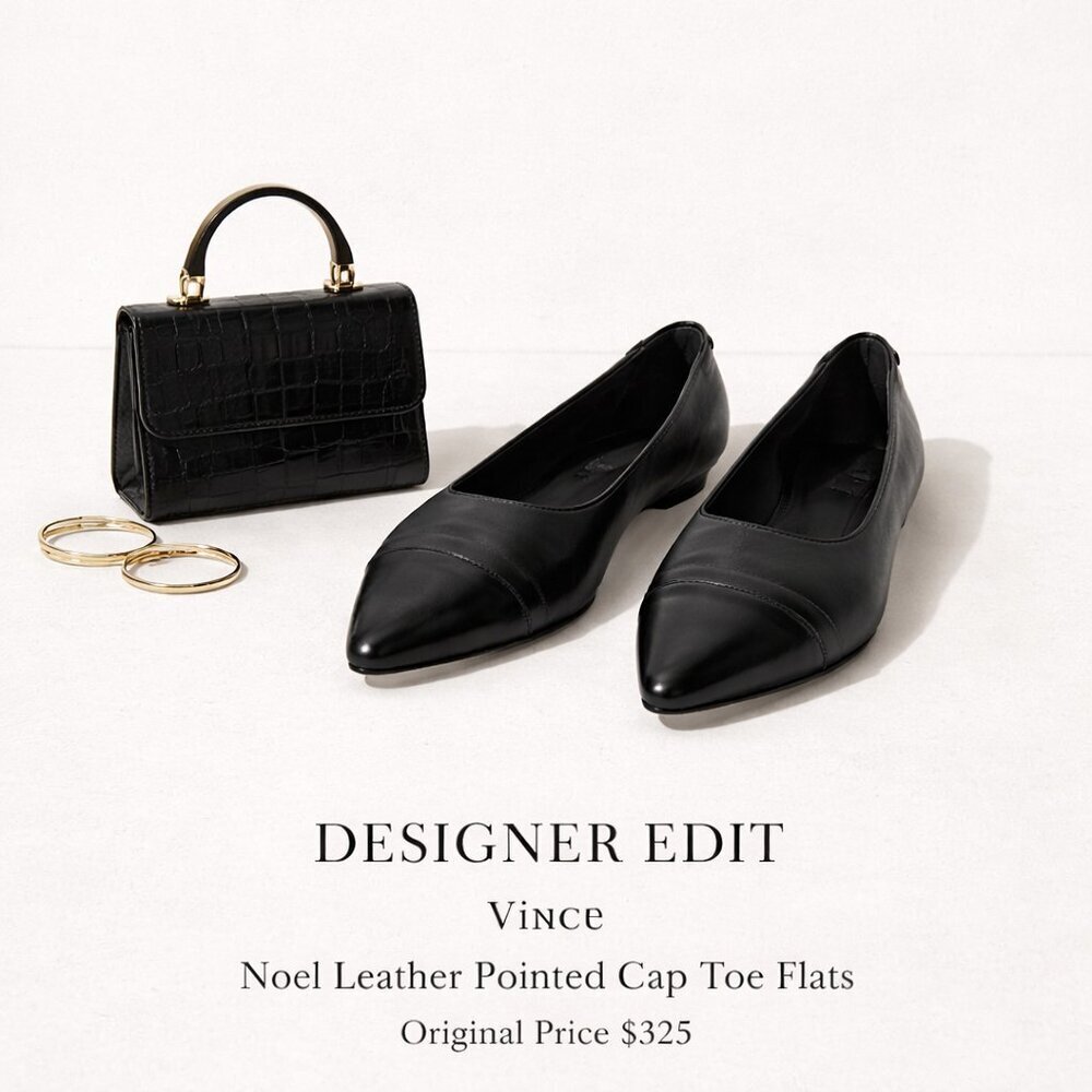 Vince Noel Black Leather Pointed Cap Toe Flats 8.5M Minimalist